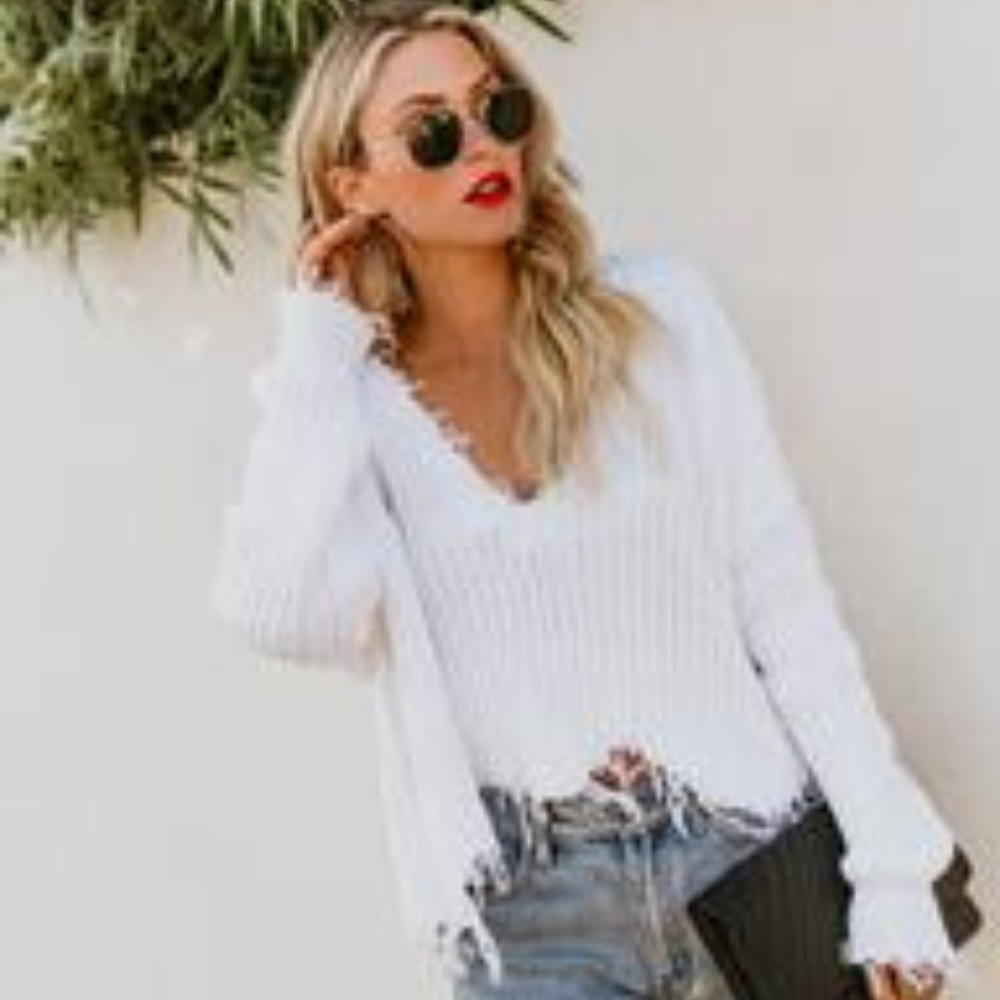 Tainted Love Cotton Distressed Sweater White NWOT